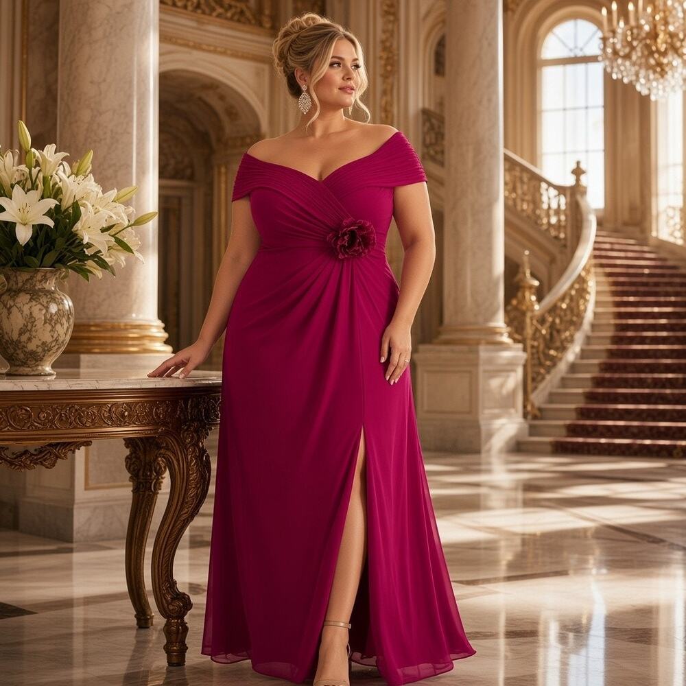 Alex Evenings Magenta Off‑Shoulder Chiffon Gown Size 18W NWT